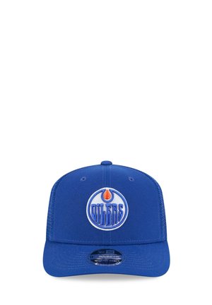 Blue Edmonton Oilers cap with a circular team logo featuring a red oil drop above the word "OILERS" in blue letters.
