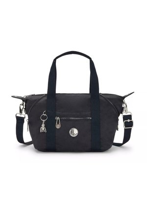 Black nylon handbag with two short handles and a detachable shoulder strap. Features a front zip pocket and metal accents.