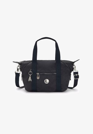 Bolso de mano negro de nailon con dos asas cortas y una correa de hombro desmontable. Presenta un bolsillo frontal con cremallera y acentos metálicos.