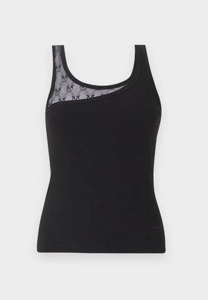 Μαύρο αμάνικο τοπ με ριμπ ύφασμα και διαφανές δαντελένιο ένθετο με λουλουδάτο σχέδιο σε έναν ώμο.