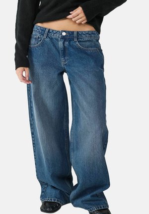 Brede blauwe spijkerbroeken met een hoge taille, voorzien van vijf zakken, een knoopsluiting en subtiele vervaging op de stof.