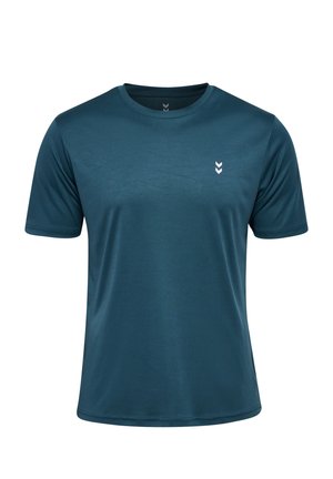 Kurze Ärmel T-Shirt in dunklem Teal, aus glattem Stoff gefertigt. Verfügt über einen runden Ausschnitt und ein kleines weißes Logo auf der linken Brust.