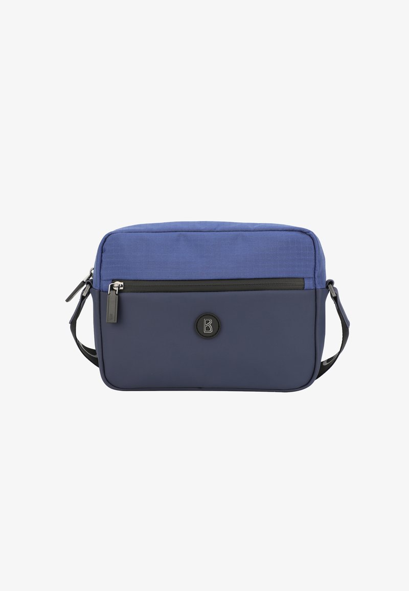 Borsa a tracolla blu navy con un pannello superiore testurizzato, tasche con zip e un logo circolare. Tracolla regolabile. Finitura liscia.