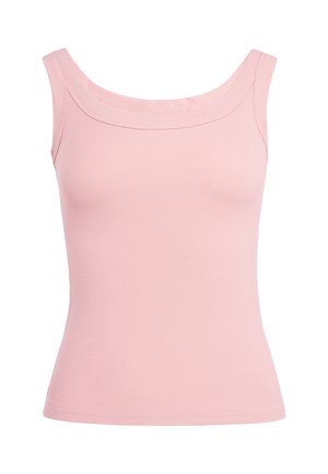 Ærmeløs lyserød ribbet tanktop med brede stropper og rund halsudskæring.