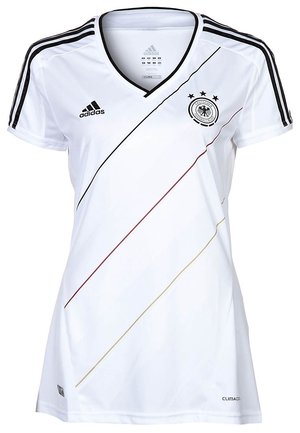 Bílý fotbalový dres Adidas s černými pruhy na ramenou, erbem fotbalového týmu Německa a diagonálními černými, červenými a zlatými liniemi vpředu.