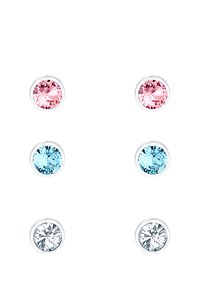 Cuatro pares de pendientes redondos con piedras en tonos rosa, azul claro y transparentes, montadas en metal plateado. Cada piedra está engastada en bisel y tiene un acabado brillante.