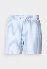 Φωτεινά γαλάζια ριγέ σορτς με ελαστική μέση και λευκό κορδόνι. Διαθέτουν κάθετες ρίγες και υφή υφάσματος.