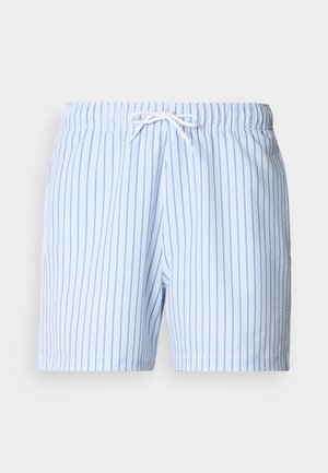 Lyseblåstribede shorts med elastisk taljebånd og hvid snøre. Indeholder vertikale striber og et tekstureret stof.