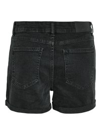 Pantaloni scurți din denim negru cu margini întoarse și două buzunare în spate, văzuți din spate pe un fundal alb.