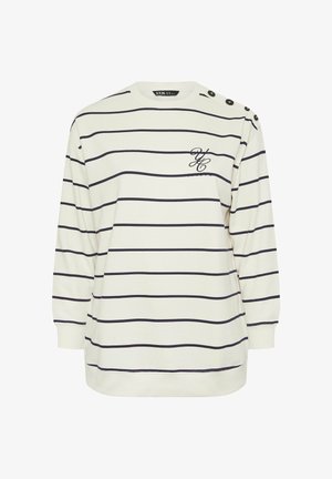 Langärmliger cremefarbener Pullover mit marineblauen horizontalen Streifen, versehen mit einem Logo auf der Brust und Knopf-Details an der Schulter. Weiche Stofftextur.