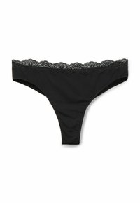 Un string noir avec une taille en dentelle festonnée et un corps en tissu lisse, posé à plat sur un fond blanc.