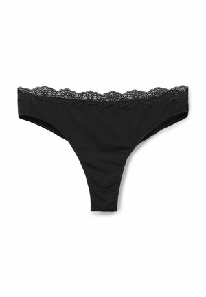Black thong underwear with a scalloped lace waistband and smooth fabric body, laid flat on a white background.