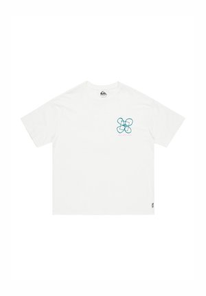 White cotton t-shirt featuring a blue and pink graphic design on the left chest. Short sleeves, relaxed fit, and tag at the bottom left.