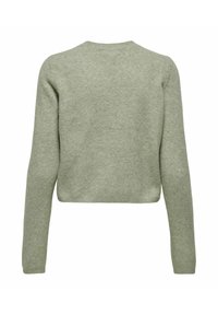 Gaiši zaļš cropped džemperis, adīts, ar garām piedurknēm, ar apaļu apkakli, mīksta struktūra, bez rakstiem vai redzamām detaļām. Vienkāršs, minimālistisks dizains.