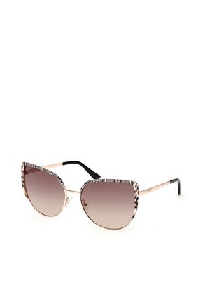 Gafas de sol estilo cat-eye con lentes degradados en marrón, con un marco superior de patrón en blanco y negro y brazos metálicos delgados en color oro rosado.