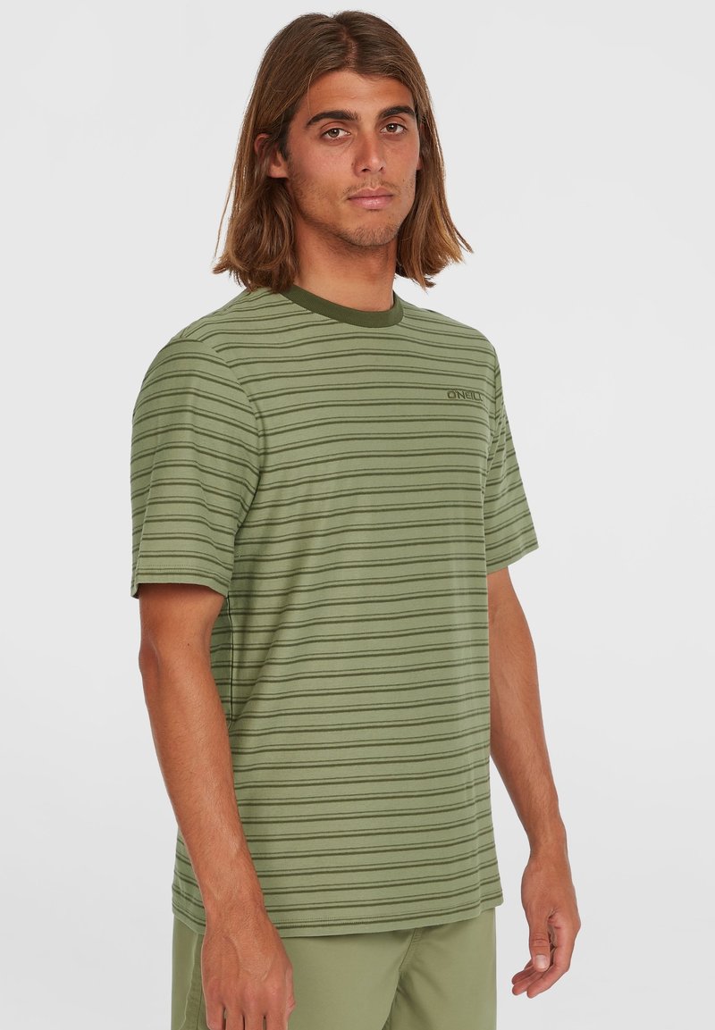 Green striped t-shirt with a round neckline, short sleeves, and soft texture. Features horizontal lines and a small logo on the chest.