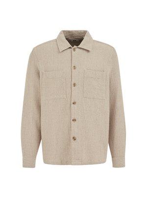 Cămașă bej texturată cu mâneci lungi, cu nasturi și cu guler, având două buzunare la piept, realizată din material țesut.