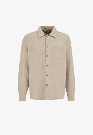 Camicia beige a maniche lunghe con bottoni, collo e due tasche sul petto, realizzata in tessuto intrecciato.