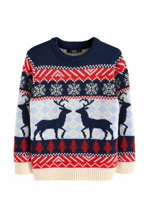 Pull de Noël bleu marine, rouge et blanc avec motifs de rennes, flocons de neige et sapins, poignets et ourlet côtelés, col rond.