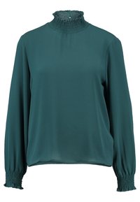 Blusa teal con maniche lunghe, colletto alto arricciato e polsini arricciati. Realizzata in tessuto leggero e fluido con una texture liscia.