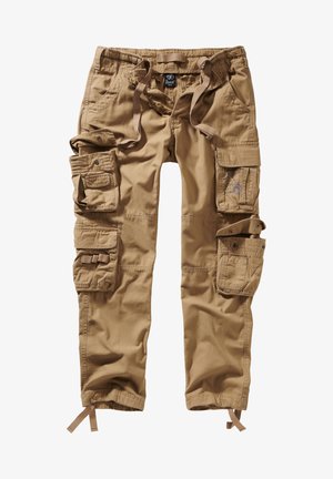 Pantaloni cargo kaki in cotone, dotati di molteplici tasche, polsini regolabili e una vita con cordino per una vestibilità sicura.