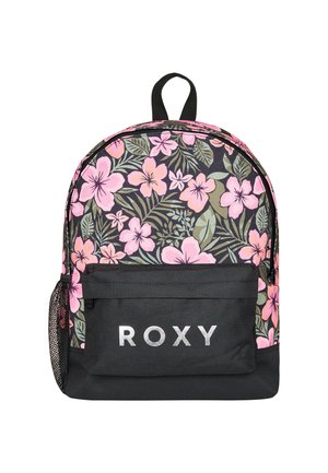 Floral backpack with black base and pink flowers. Features a front pocket and mesh side pocket. Sturdy fabric, rounded shape, and fabric handle.