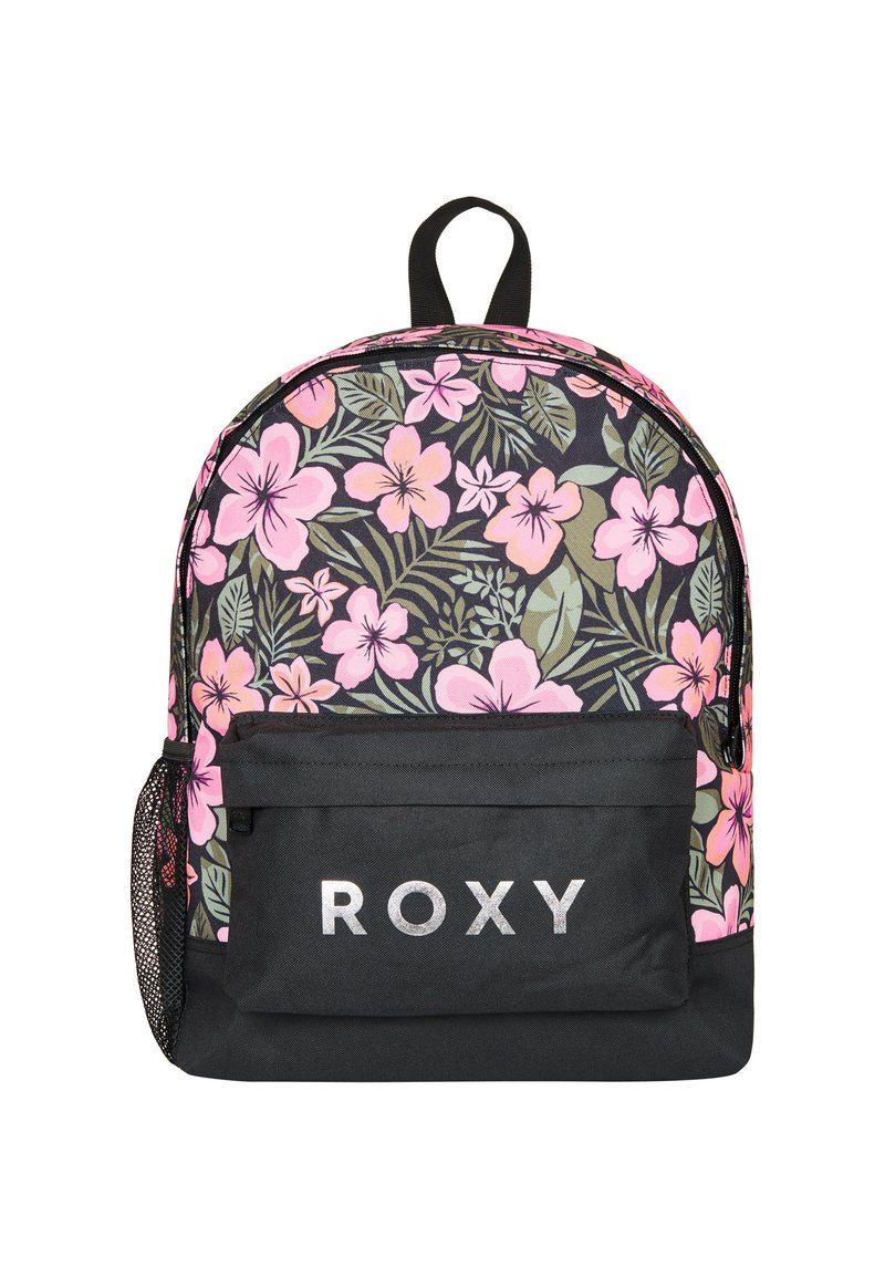 Floral backpack with black base and pink flowers. Features a front pocket and mesh side pocket. Sturdy fabric, rounded shape, and fabric handle.
