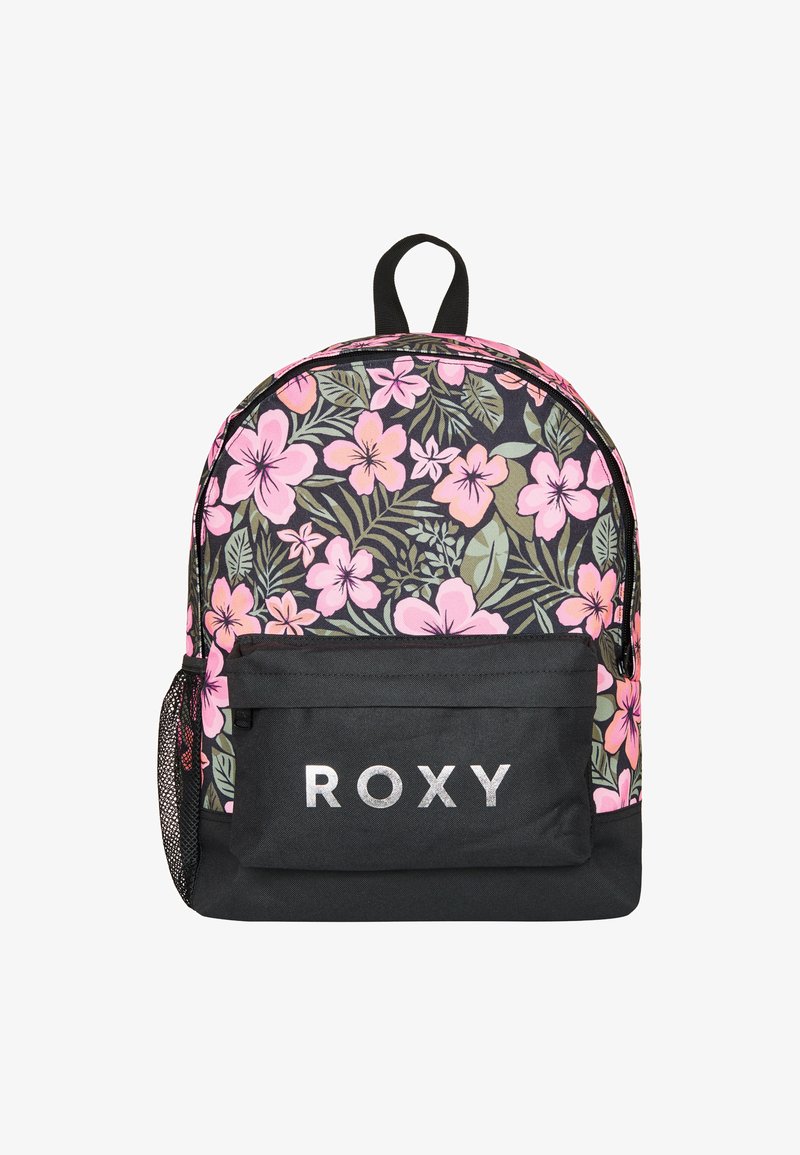 Floral backpack with black base and pink flowers. Features a front pocket and mesh side pocket. Sturdy fabric, rounded shape, and fabric handle.