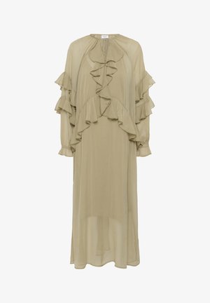 Robe vert olive en tissu léger, avec des volants superposés aux manches et à l'avant, un col montant et une silhouette longue.