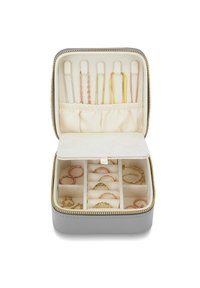 Jewelry box with a gray exterior, golden zipper, and beige velvet interior. Features divided compartments for rings and hooks for chains.