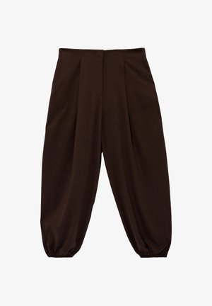 Dark brown high-waisted pants with pleats and elasticated cuffs, featuring a loose fit and tapered legs.