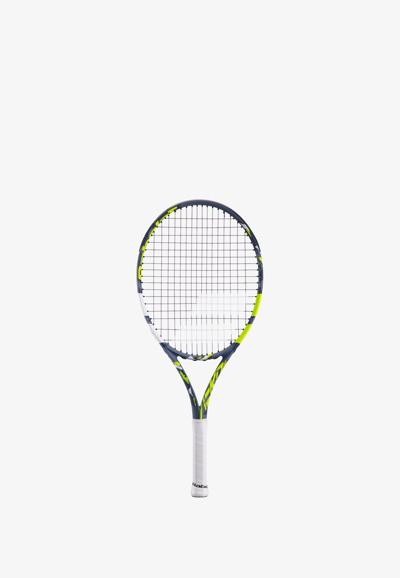 Tennisketsjer med grå og gul design, oval hoved, 16x19 strenge mønster og et hvidt greb ved håndtaget.