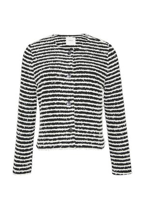 Schwarz-weiß gestreifter Cardigan mit fuzziger Textur, Knopfverschluss, runder Halsausschnitt und langen Ärmeln; kurze Länge.