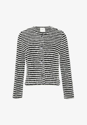 Schwarz-weiß gestreifter Cardigan mit fuzziger Textur, Knopfverschluss, runder Halsausschnitt und langen Ärmeln; kurze Länge.