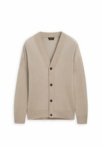Beige Strickjacke mit V-Ausschnitt, schwarzen Knöpfen vorne und langen Ärmeln. Weiche Textur und lässige Passform.
