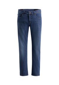 Donkerblauwe denim jeans met een rechte pasvorm, vijf zakken en subtiele vervaagde details. Katoenen materiaal met een gladde textuur.