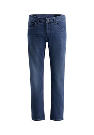 Dunkelblaue Denim-Jeans mit geradem Schnitt, fünf Taschen-Design und subtiler, ausgebleichter Detailierung. Aus Baumwollmaterial mit glatter Textur.