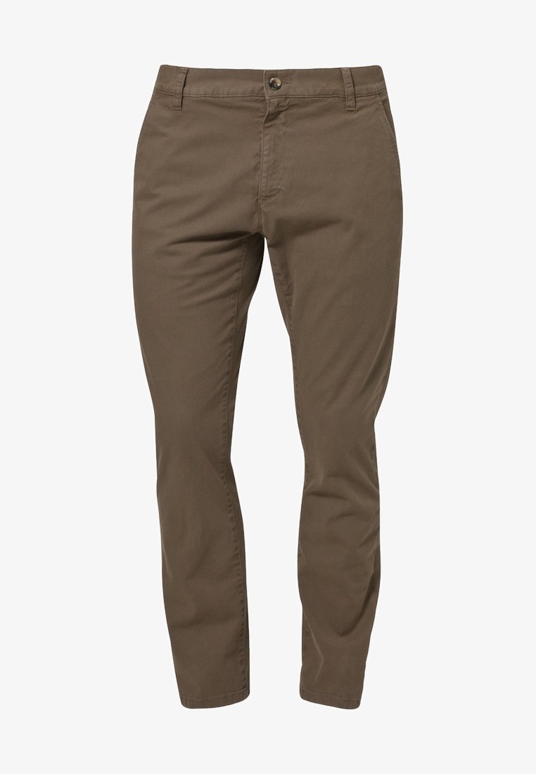 Pantalon chino marron slim-fit pour homme avec passants de ceinture, fermeture boutonnée à l’avant et poches latérales, vu de face.
