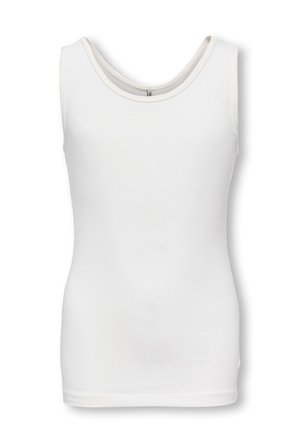 White sleeveless fitted tank top with round neckline and soft fabric, displayed on a plain background.