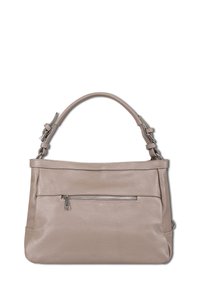 Beige Lederhandtasche mit einer glatten, strukturierten Oberflächenbeschaffenheit. Verfügt über einen oberen Griff und eine vordere Reißverschlusstasche zur Aufbewahrung.