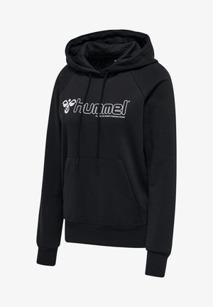 Zwarte hoodie van een katoenmix, met een voorkant kangaroozak en een groot wit logo. Textuurstof met raglanmouwen.