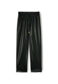 Černé kalhoty z fauškové kůže s elastickým páskem a šňůrkou. Povrch je hladký, lesklý a končí u poloviny lýtek.