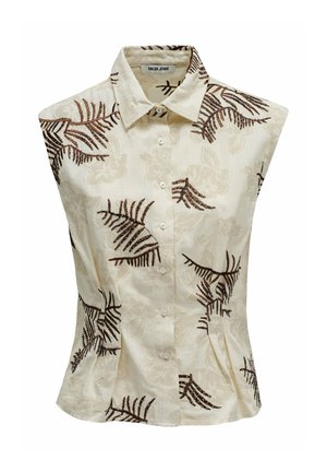 Blusa sin mangas color crema con patrones de hojas marrones, cierre delantero con botones y cuello puntiagudo, confeccionada para una cintura entallada.