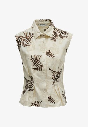 Blusa sin mangas color crema con patrones de hojas marrones, cierre delantero con botones y cuello puntiagudo, confeccionada para una cintura entallada.