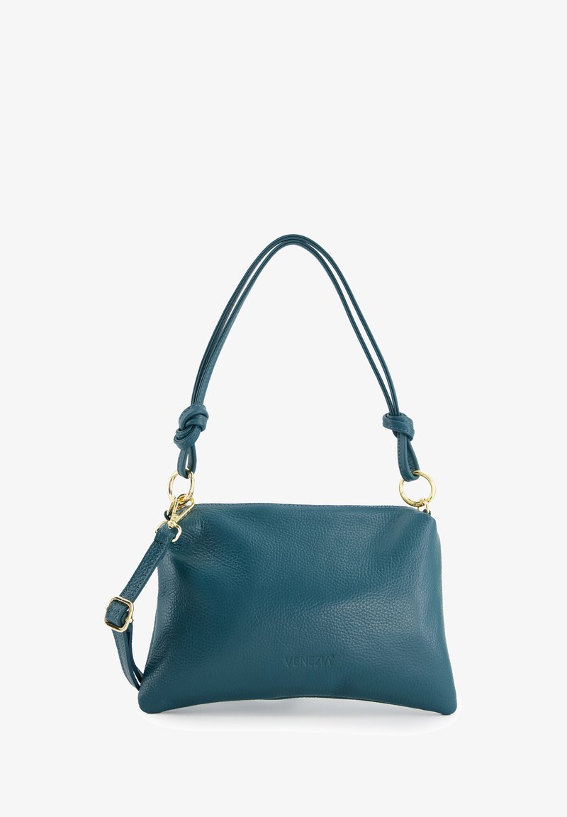 Türkise Lederhandtasche mit strukturiertem Finish, ausgestattet mit einem einzelnen gedrehten Griff, goldener Hardware und einem abnehmbaren Schulterriemen.