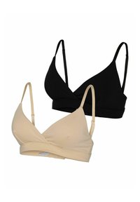 To BH-er i svart og beige. Mykt stoff, sømløst design, trekantede kopper, justerbare stropper og et behagelig bånd nederst.