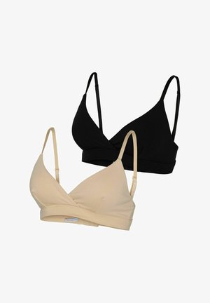 Two bras in black and beige. Soft fabric, seamless design, triangular cups, adjustable straps, and a comfortable band at the bottom.