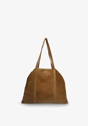 Sac fourre-tout en daim marron avec deux longues poignées, forme arrondie, texture lisse et coutures verticales. Pas de quincaillerie ou de logos visibles.