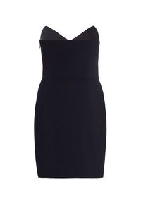 Abito mini nero senza spalline con scollatura a cuore e silhouette aderente, progettato per occasioni formali o serali.