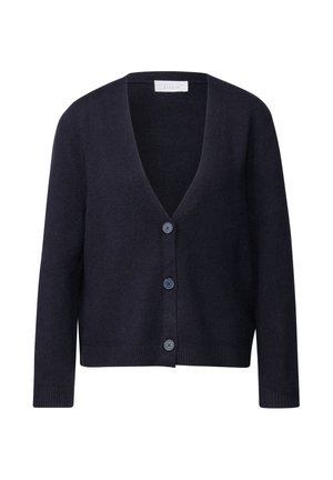 Cardigan en maille bleu marine avec un décolleté en V, des manches longues et cinq boutons bleus sur le devant. Texture douce avec des poignets et un ourlet côtelés.